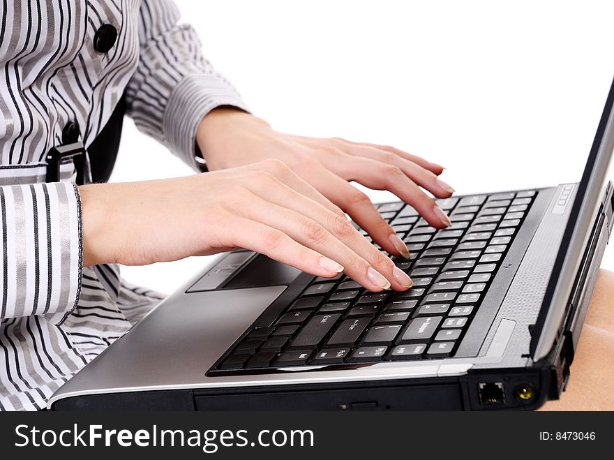 Woman hands typing on white background