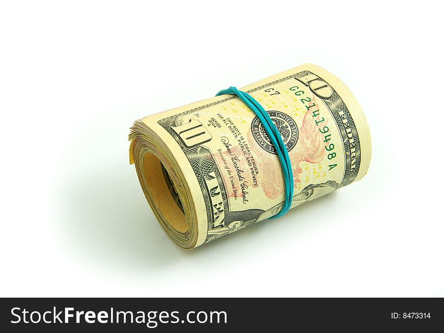 Roll of dollars close-up against white background.