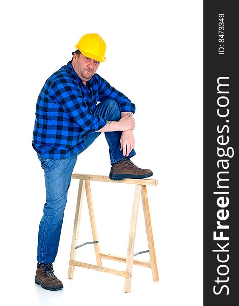 Carpenter at work, white background, reflective surface, studio shot