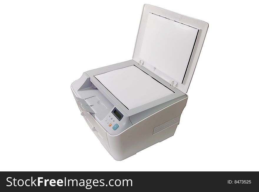 Big gray multifunction laser printer, scanner, xerox, isolated over white. Big gray multifunction laser printer, scanner, xerox, isolated over white