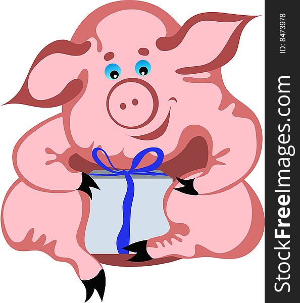 Vector illustration of happy piglet opening his gift of birthday