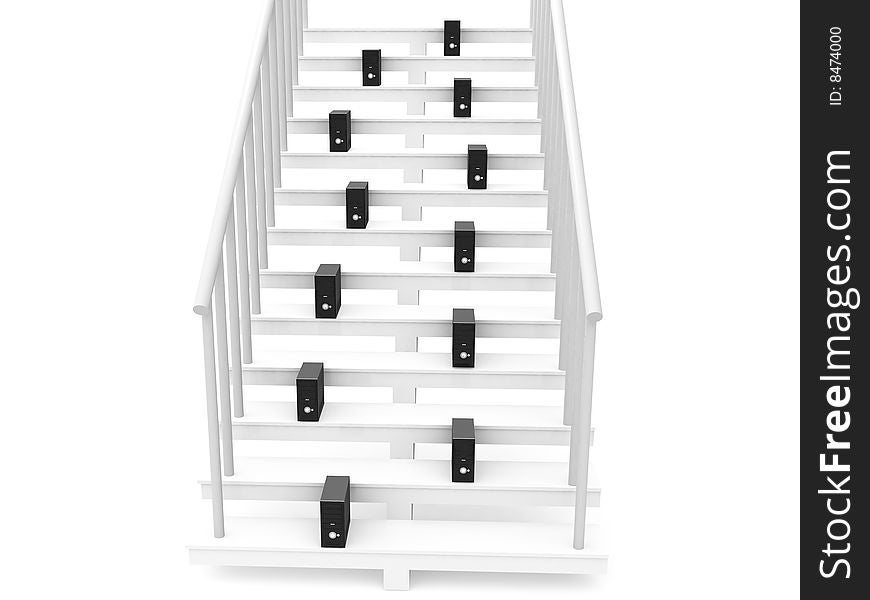 Isolated three dimensional cpu on stairs on an isolated white background