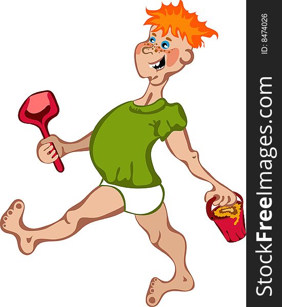 Vector illustration of happy cartoon boy playing with spade,bucket and sand. Vector illustration of happy cartoon boy playing with spade,bucket and sand