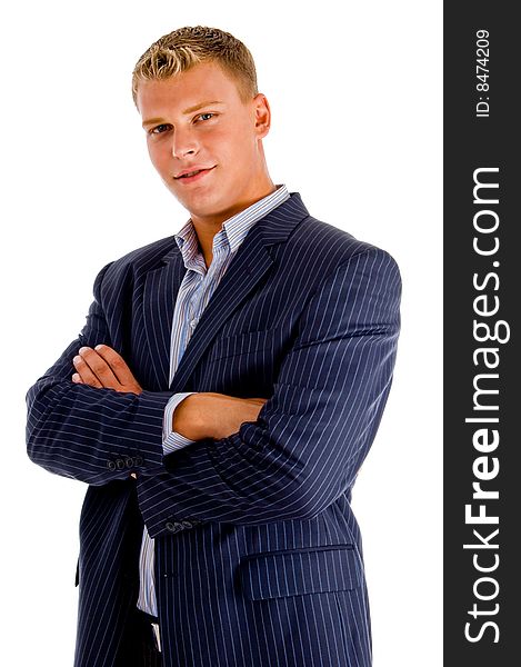 American man with crossed arms with white background