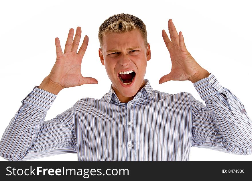 Caucasian young man shouting with white background