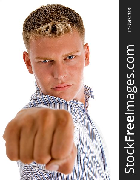 White male giving punch on an isolated white background