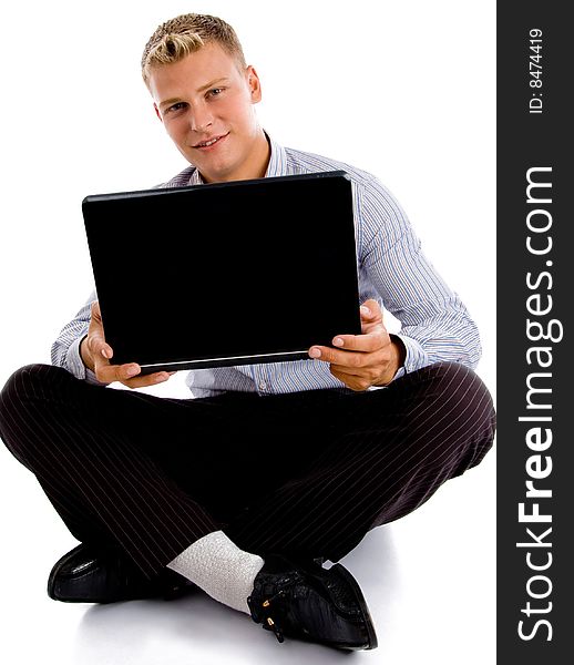 Sitting man with notebook with white background