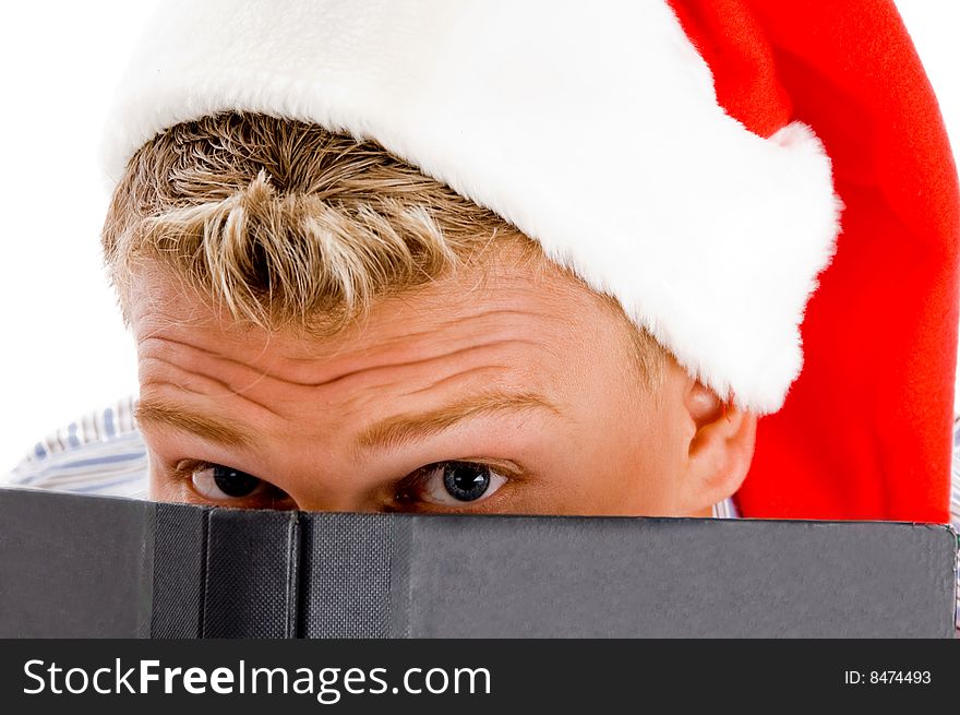 Man with book and christmas hat with white background