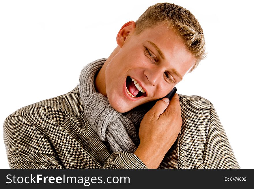 Young professional man receiving his call against white background