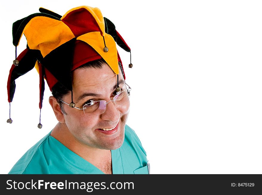 Surgeon posing in hat against white background