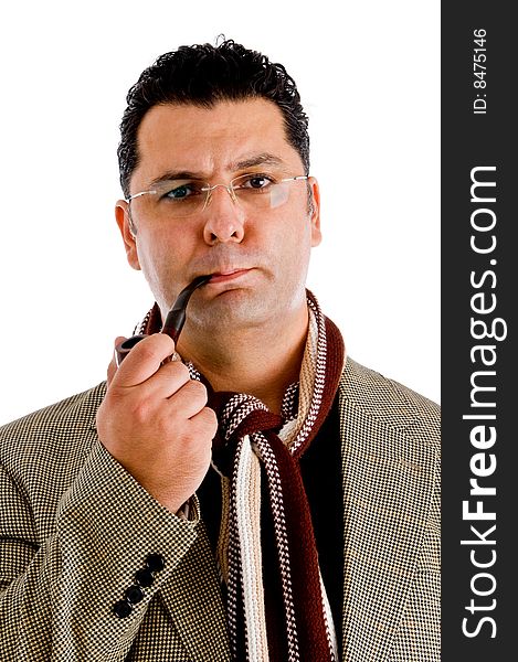 Adult man in coat smoking tobacco pipe isolated with white background