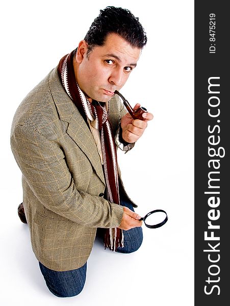 Detective with magnifier isolated with white background