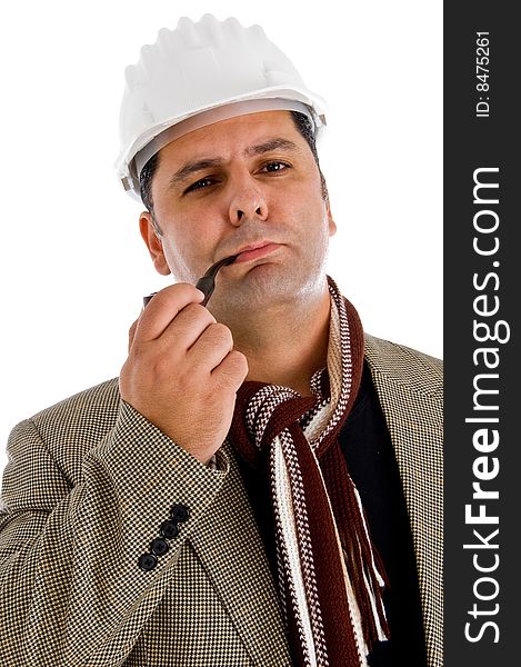 Adult architect with tobacco pipe isolated with white background