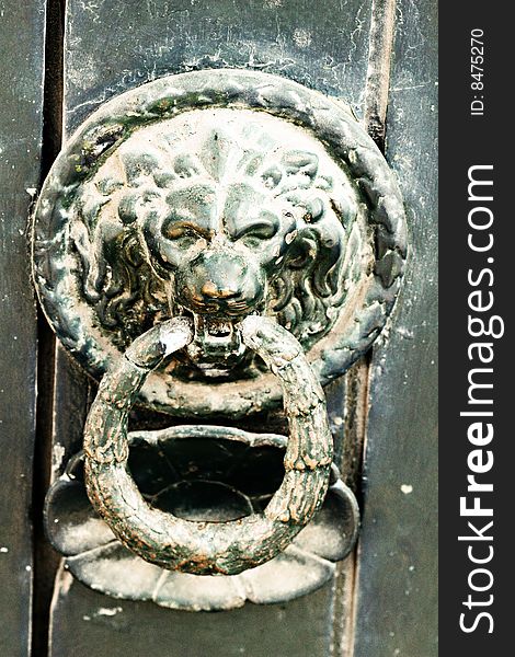 An old lion style doorknocker on a wooden door. An old lion style doorknocker on a wooden door