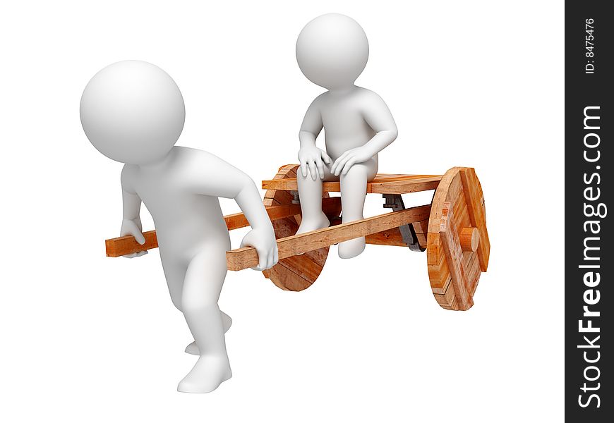 One person trundle other on wooden cart. Isolated. One person trundle other on wooden cart. Isolated.