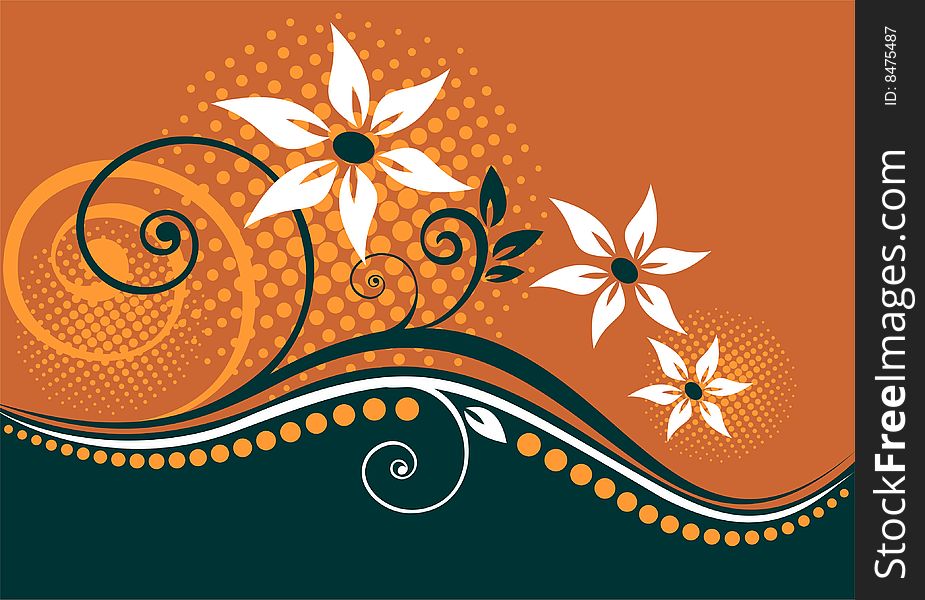Abstract  flowers and dots on an orange background. Abstract  flowers and dots on an orange background.