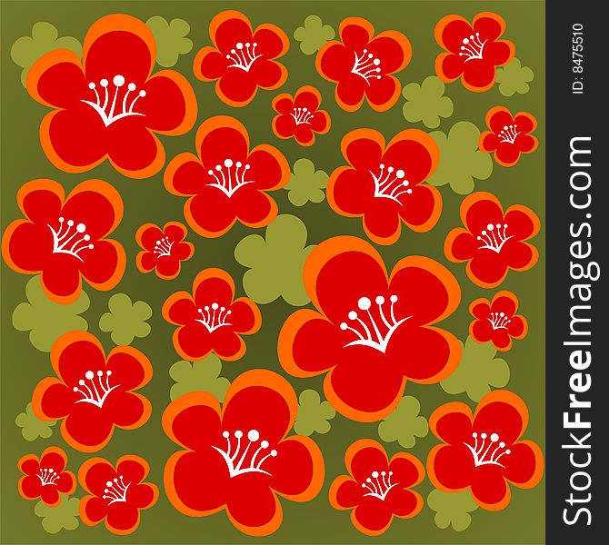 Cartoon  red flowers pattern on a green background. Cartoon  red flowers pattern on a green background.