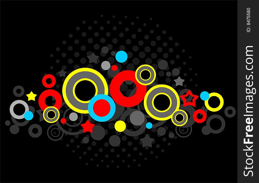 Abstract pattern with circles and dots on a black background.