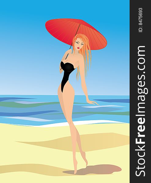 Illustration of woman walking on the beach. Illustration of woman walking on the beach