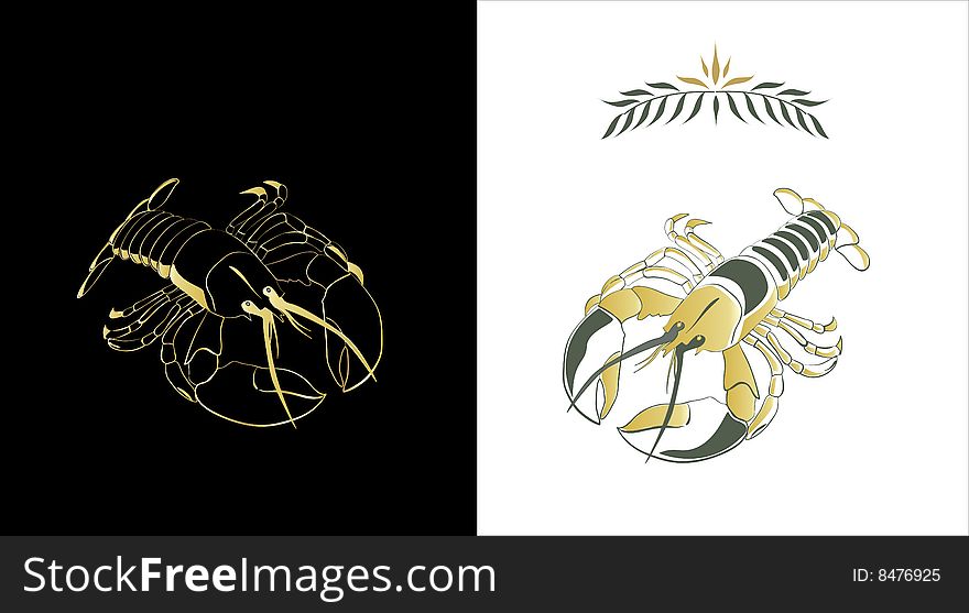 Two stylized sketches of a lobster in gold and dark green colors on white and black background. Contour of a lobster and a fill can be easily separated from a background.