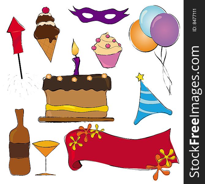 Party items with illustration of pink cake, candle with balloons, fireworks, ice-cream, mask, soda for celebration and invitation