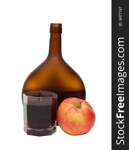 Bottle, glass and apple isolated on a white background