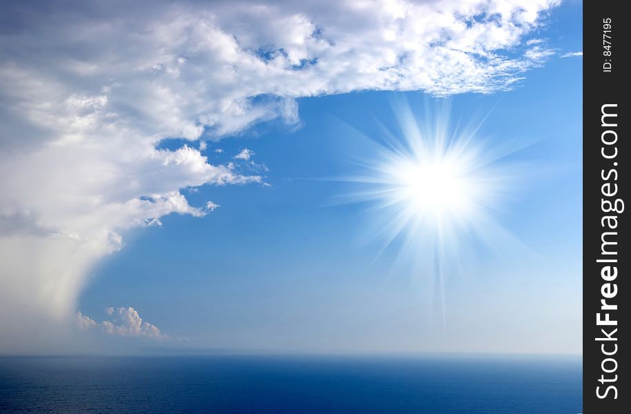 Blue sky with clouds and sun over the sea background. Blue sky with clouds and sun over the sea background