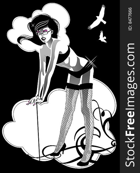 Black and white vector of a sexy girl with high heels and web tights. Black and white vector of a sexy girl with high heels and web tights
