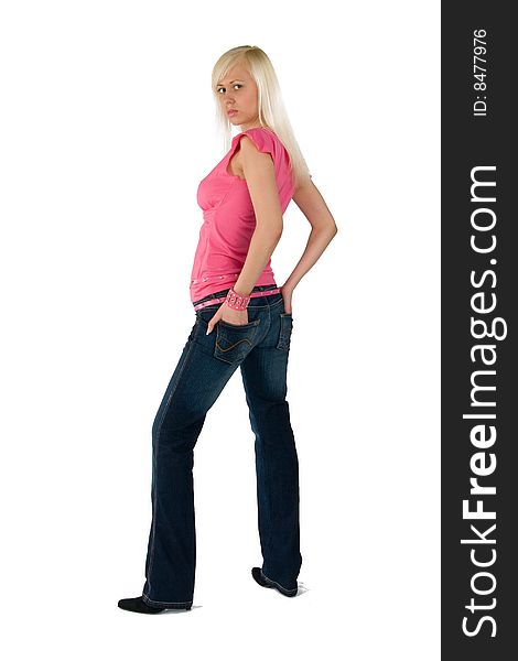 Blonde pink blouse  blue jeans black shose