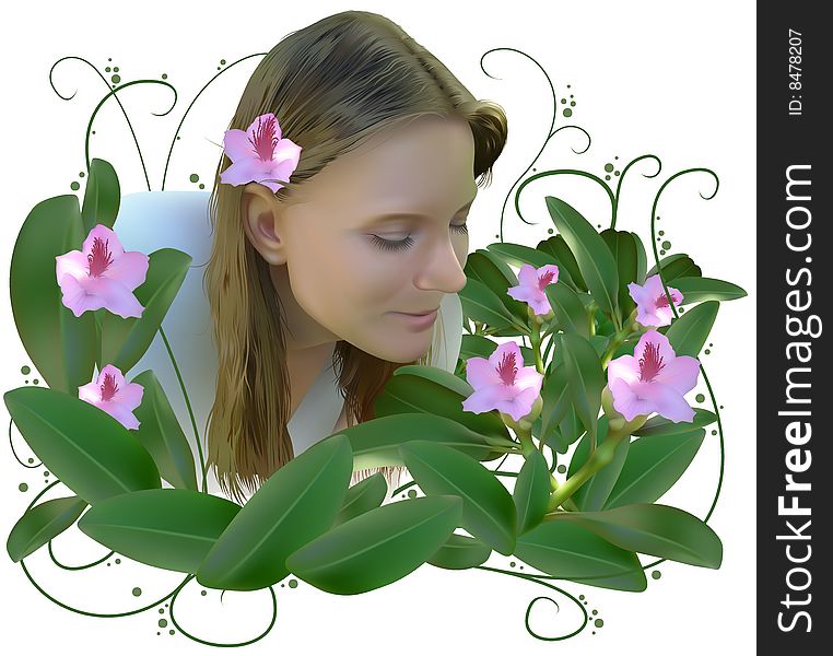 Woman and Flowers - photorealistic illustration as vector