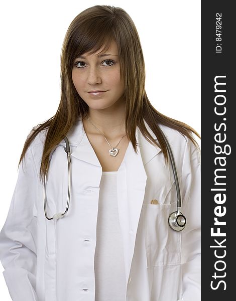 Young woman doctor with stethoscope, in a white coat against a white background