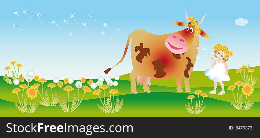 A girl and cow met on to the meadow. A girl and cow met on to the meadow