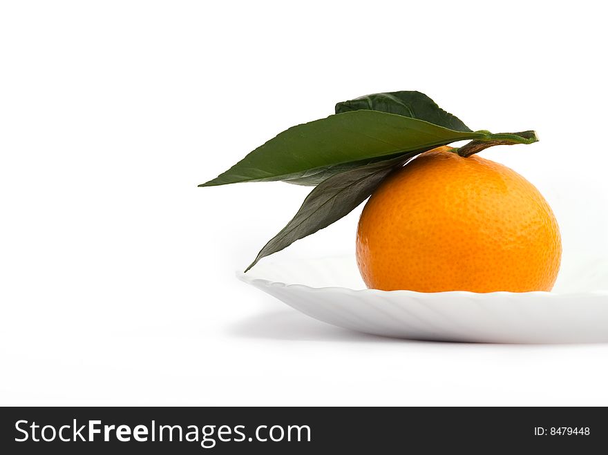 One tangerine with sprig on a white plate. One tangerine with sprig on a white plate
