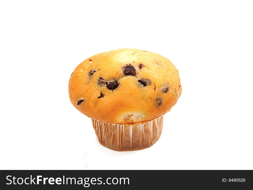 Shot of a choc chip muffin on white. Shot of a choc chip muffin on white