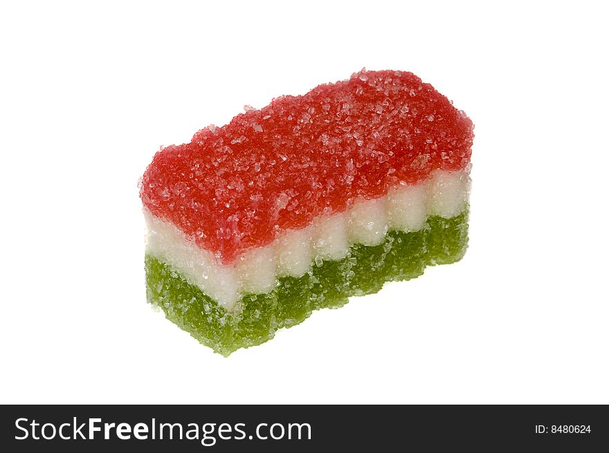 Photo of a piece of three color fruit jelly