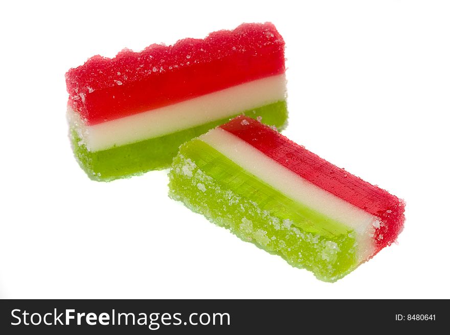 Photo of two pieces of three color fruit jelly