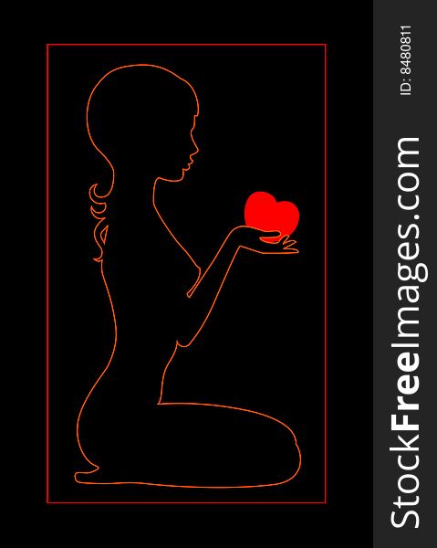 Silhouette of the beautiful girl with heart in hands