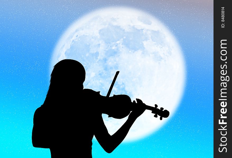 Musician playing violin in the moonlight and in the night. Musician playing violin in the moonlight and in the night