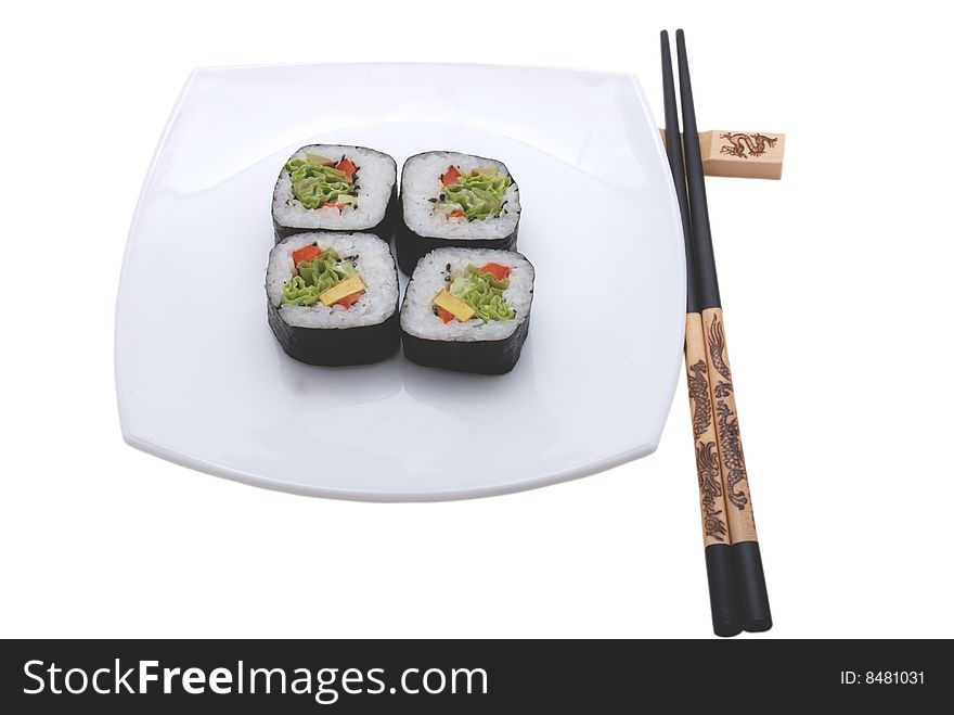 Rice sushi and chopsticks isolated