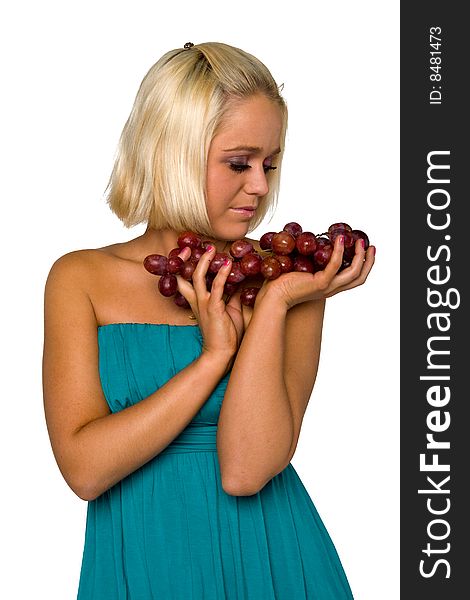 Blonde Girl In Blue With Grapes