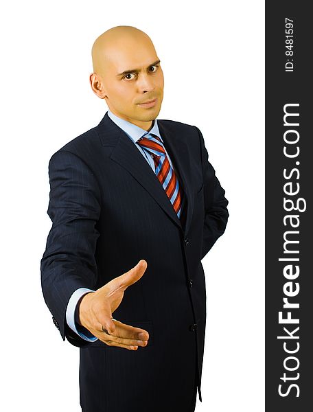 Businessman ready to handshake isolated on white with clipping path