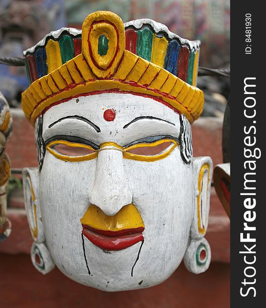 Colourful mask on display in market of Kathmandu, Nepal