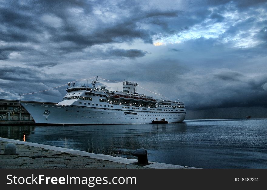 Ocean liner in the harbour of Trieste, Adriatic Sea, Italy