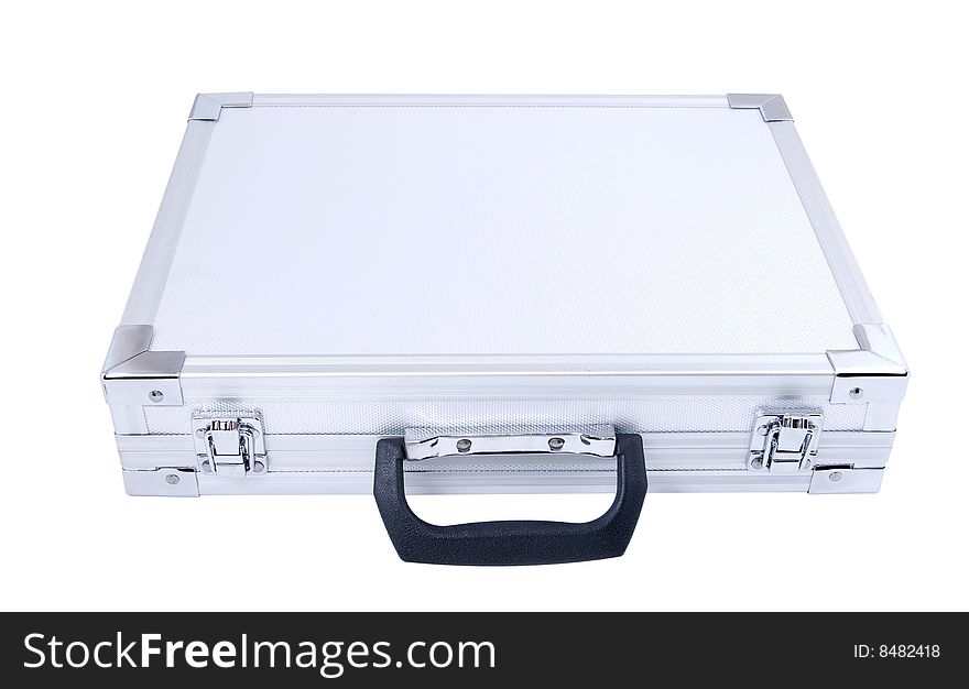 Gray metal suitcase isolated on white background