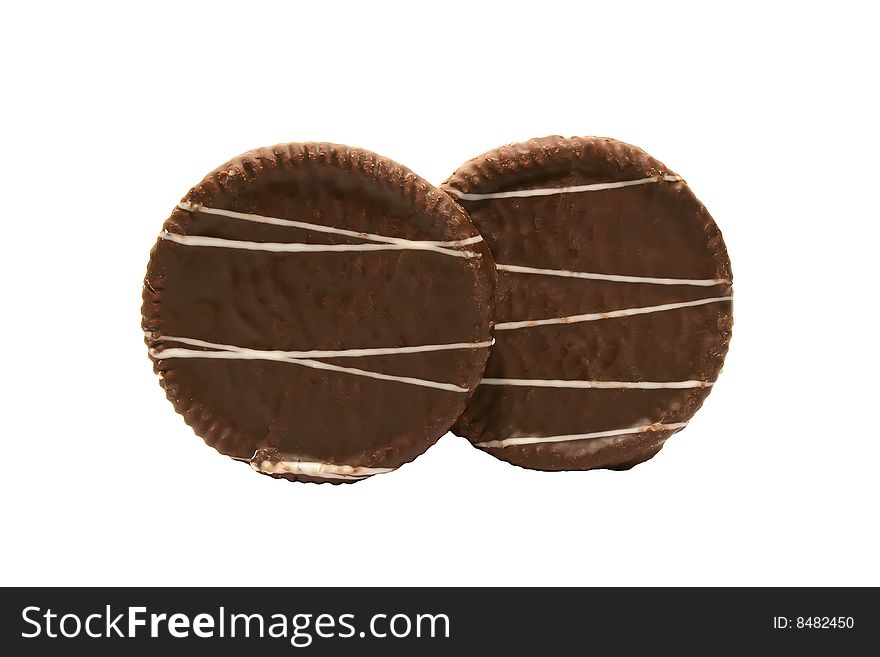 Two chocolate cookies on a white background