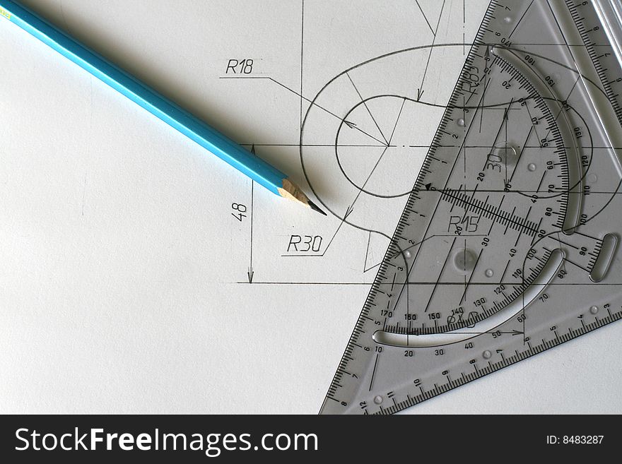 Detailed hand drawed blueprints with pencil ruler. Detailed hand drawed blueprints with pencil ruler