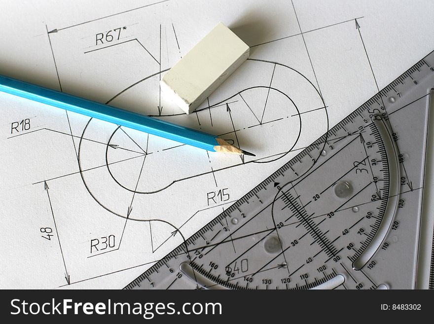 Detailed hand drawn blueprints with pencil ruler and eraser. Detailed hand drawn blueprints with pencil ruler and eraser