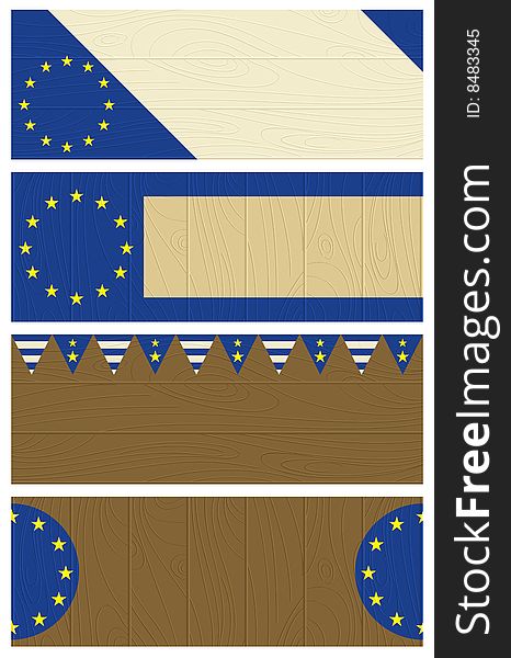 Four wooden banners with elements of eu banner, vector illustration. Four wooden banners with elements of eu banner, vector illustration