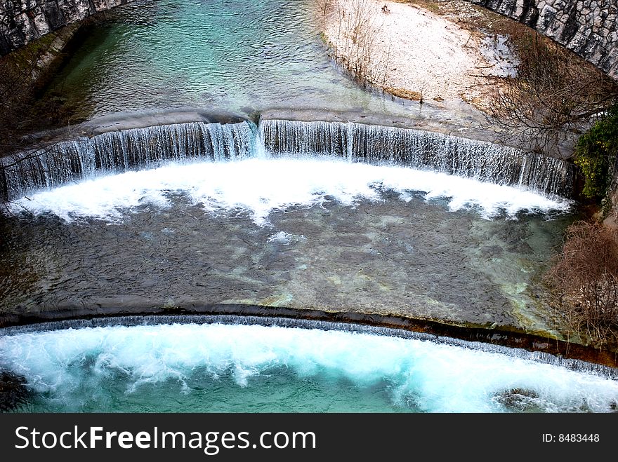 Blue water and waterfalls in the winter season