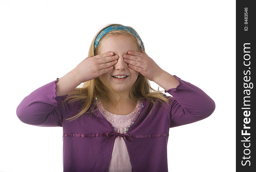Girl covering eyes isolated on a white background - see no evil